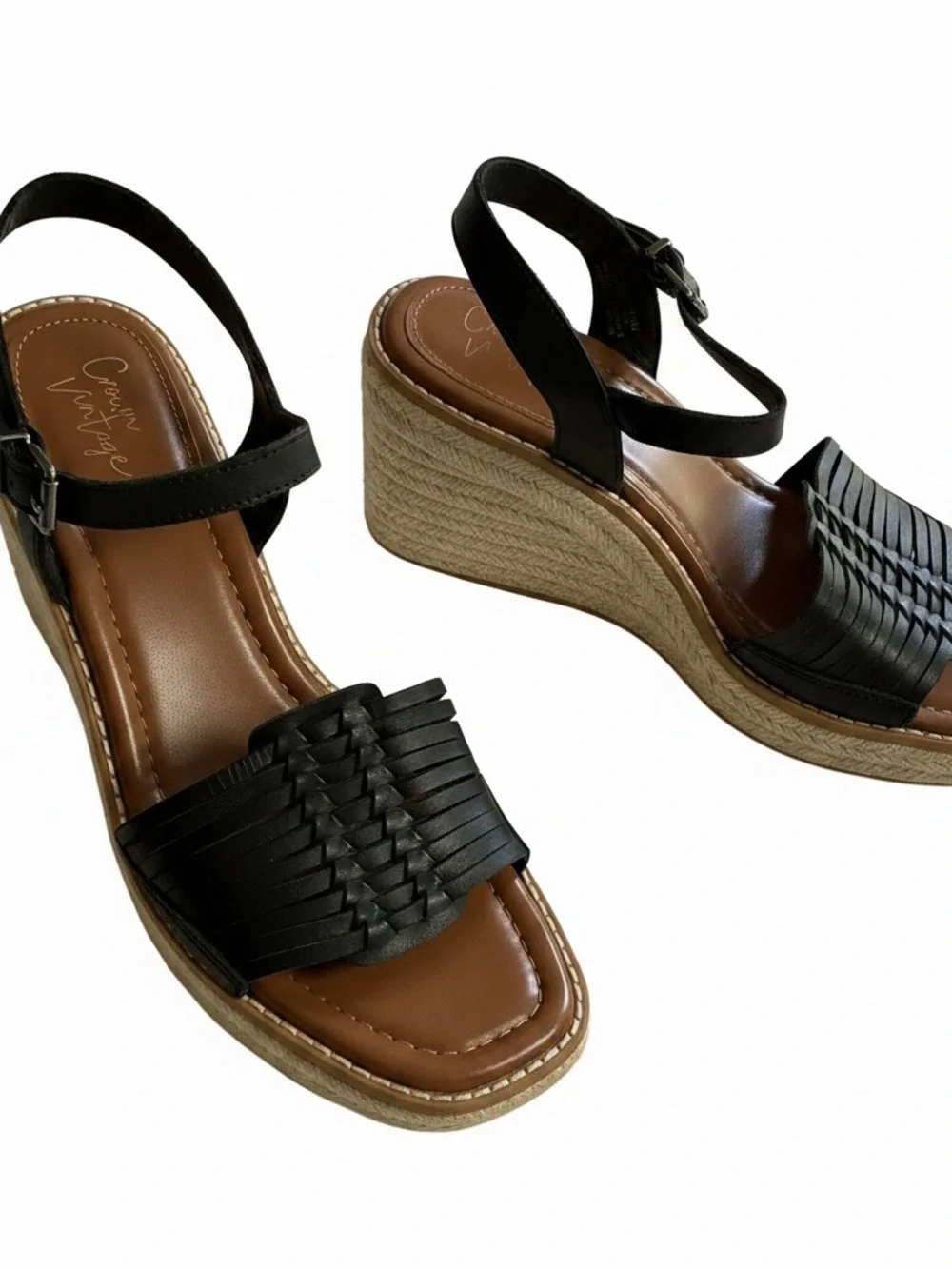 Crown Vintage Hendra Espadrille Wedge Sandals Black Leather Strappy Size 8.5 M